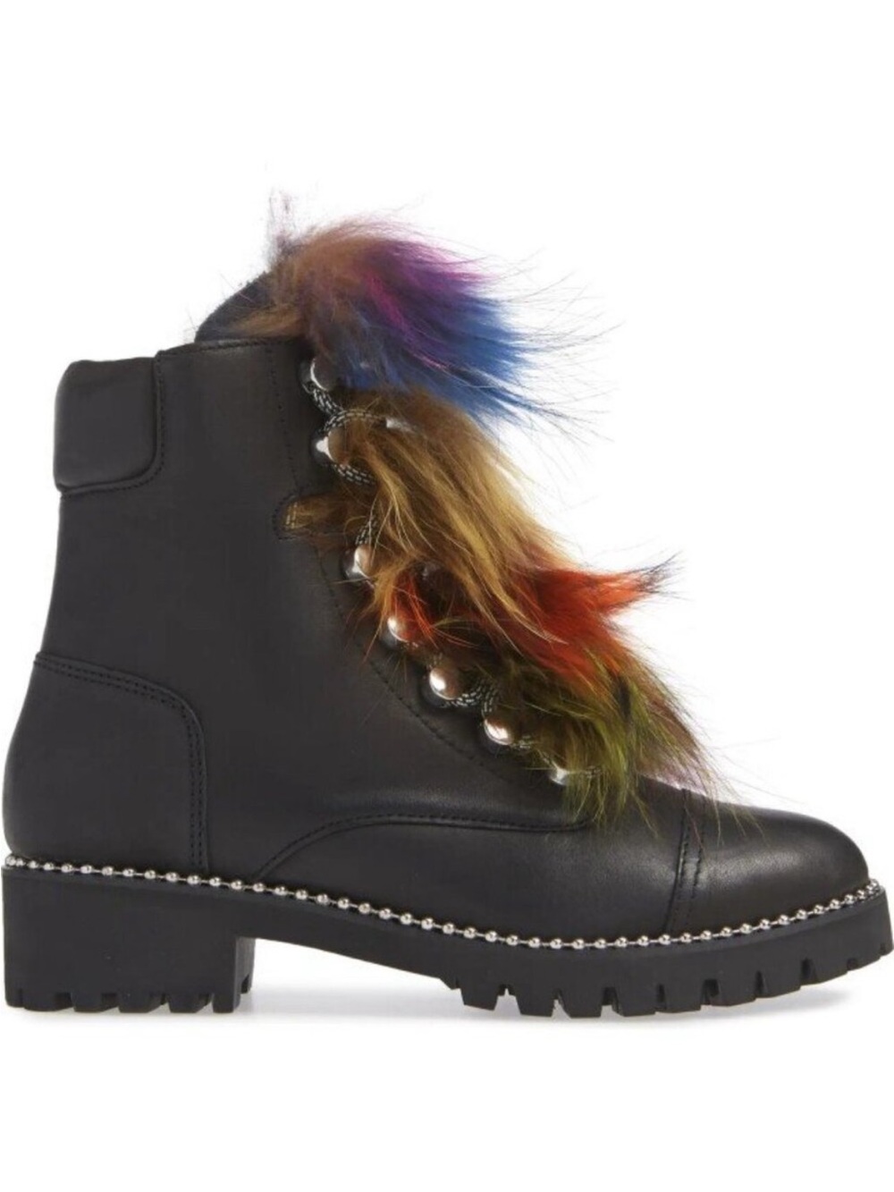 Anthropologie Cecelia New York Black Leather Combat Boots Multicolor Faux Fur  7